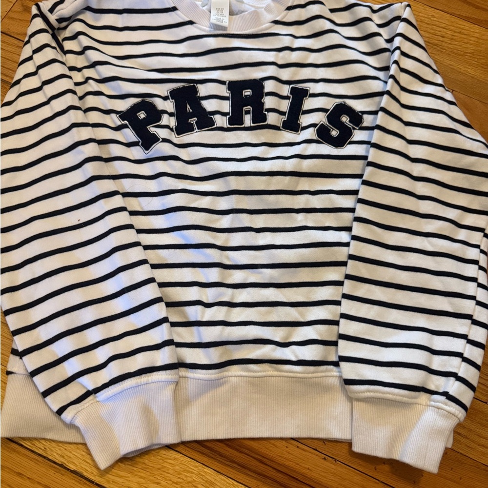 H&M Paris Striped Sweatshirt Cream Black French Graphic Pullover‎ XS Oversized